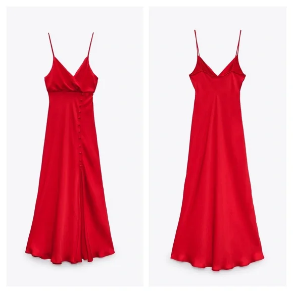 ❤️Bloggers Favorite❤️NWT Zara SATIN CAMISOLE DRESS in Red - Picture 11 of 15